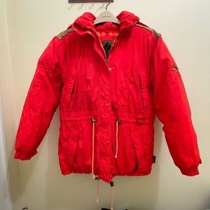 Powderhorn Vintage Down Ski Jacket Coat with leather accent, orange red, size 14